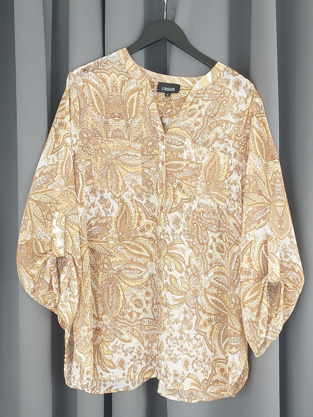 Lindor Vintage Gold Yellow Paisley Split Neck Long Sleeve Blouse Size 16